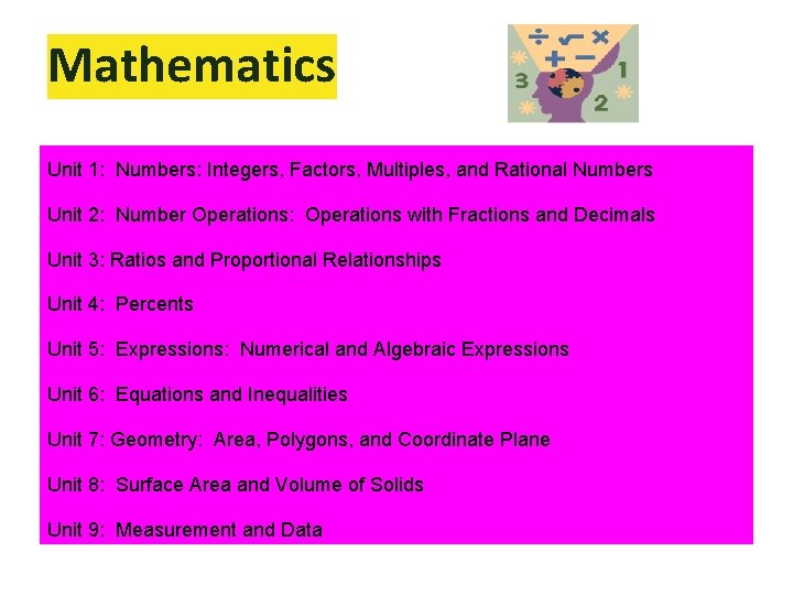 Mathematics Unit 1: Numbers: Integers, Factors, Multiples, and Rational Numbers Unit 2: Number Operations:
