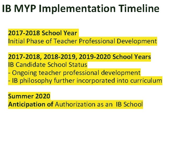 IB MYP Implementation Timeline 2017 -2018 School Year Initial Phase of Teacher Professional Development