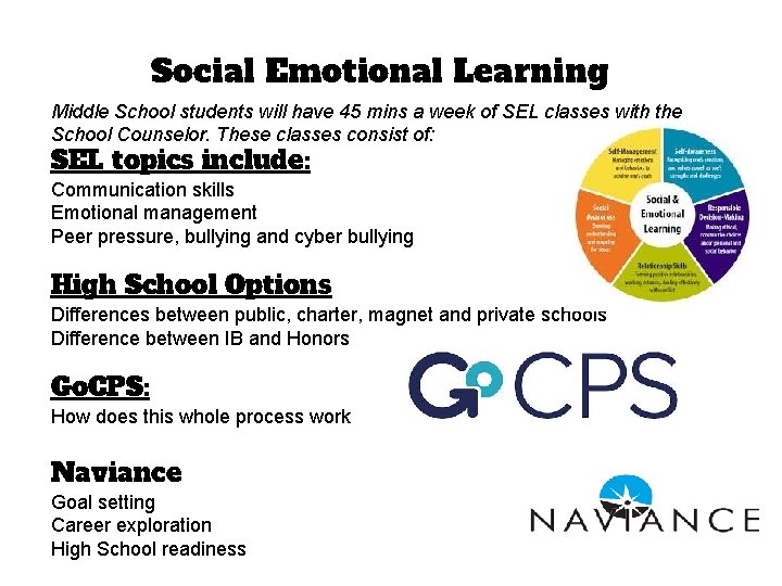 Social Emotional Learning Middle School students will have 45 mins a week of SEL