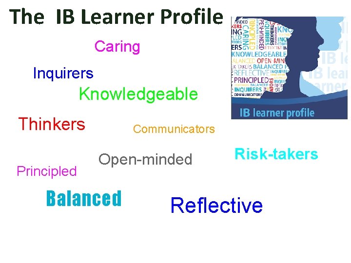The IB Learner Profile Caring Inquirers Knowledgeable Thinkers Principled Communicators Open-minded Balanced Risk-takers Reflective