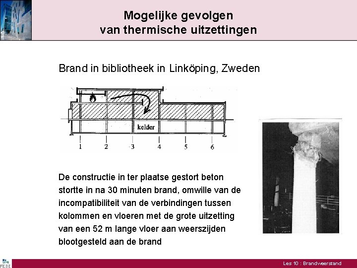 Mogelijke gevolgen van thermische uitzettingen Brand in bibliotheek in Linköping, Zweden De constructie in