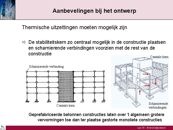Aanbevelingen bij het ontwerp Thermische uitzettingen moeten mogelijk zijn De stabiliteitskern zo centraal mogelijk