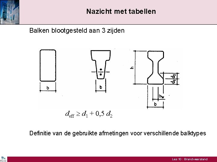 Nazicht met tabellen Balken blootgesteld aan 3 zijden deff d 1 + 0, 5
