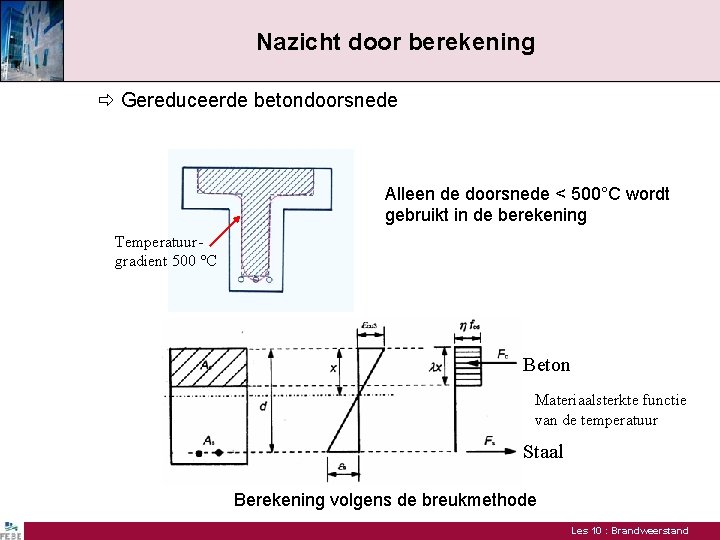 Nazicht door berekening Gereduceerde betondoorsnede Alleen de doorsnede < 500°C wordt gebruikt in de