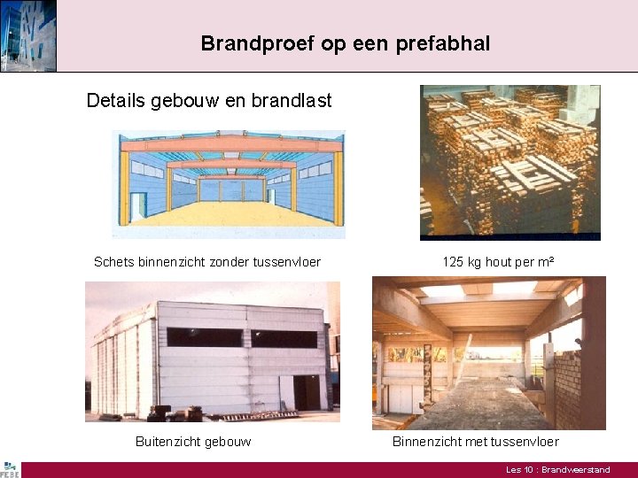 Brandproef op een prefabhal Details gebouw en brandlast Schets binnenzicht zonder tussenvloer Buitenzicht gebouw