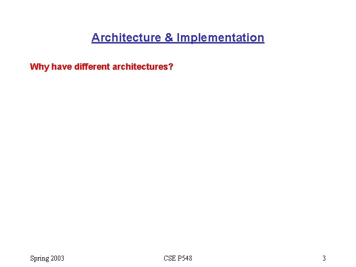 Architecture & Implementation Why have different architectures? Spring 2003 CSE P 548 3 Architecture & Implementation Why have different architectures? Spring 2003 CSE P 548 3