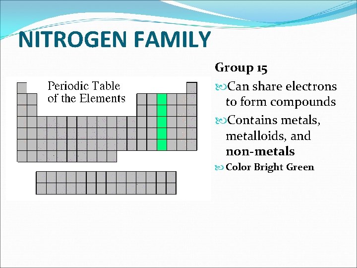 NITROGEN FAMILY Group 15 Can share electrons to form compounds Contains metals, metalloids, and