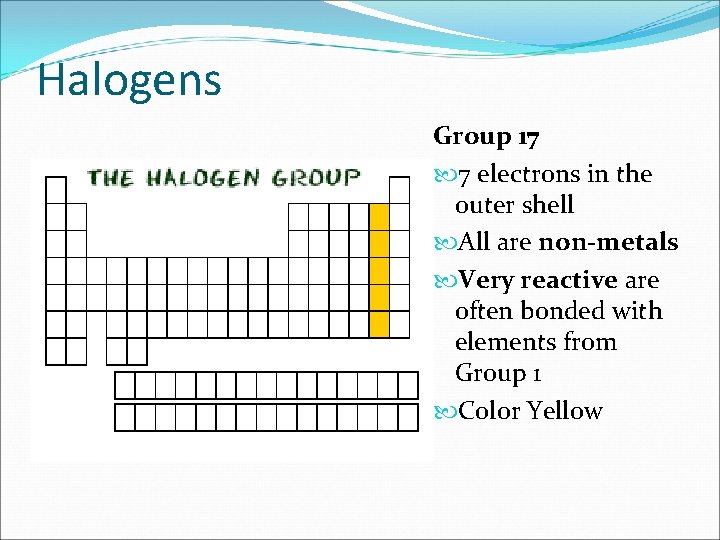 Halogens Group 17 7 electrons in the outer shell All are non-metals Very reactive
