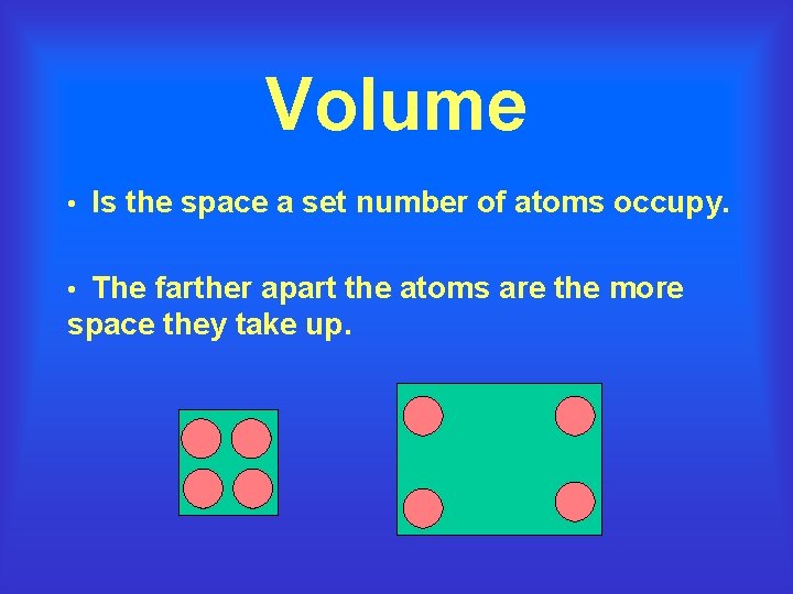 Volume • Is the space a set number of atoms occupy. • The farther