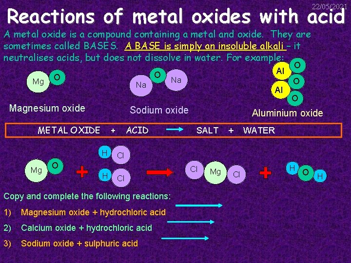 Reactions of metal oxides with acid 22/05/2021 A metal oxide is a compound containing