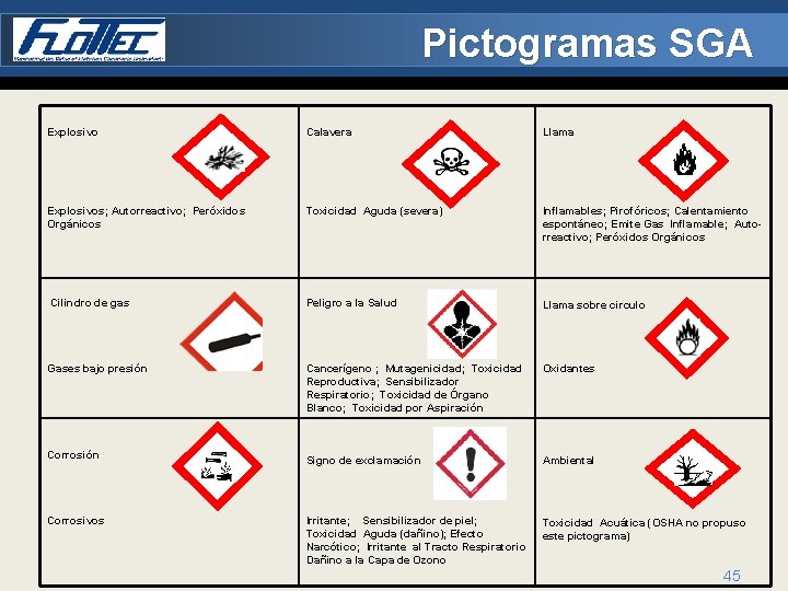 Pictogramas SGA Explosivo Calavera Llama Explosivos; Autorreactivo; Peróxidos Orgánicos Toxicidad Aguda (severa) Inflamables; Pirofóricos;