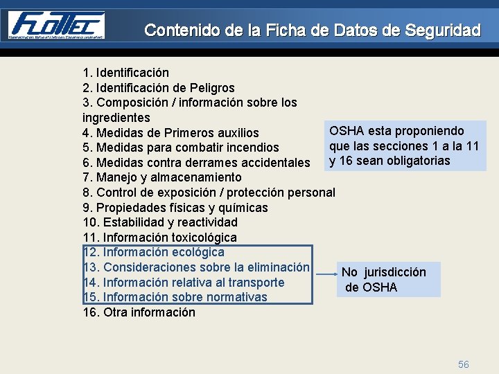Contenido de la Ficha de Datos de Seguridad 1. Identificación 2. Identificación de Peligros