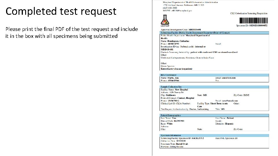 Completed test request Please print the final PDF of the test request and include