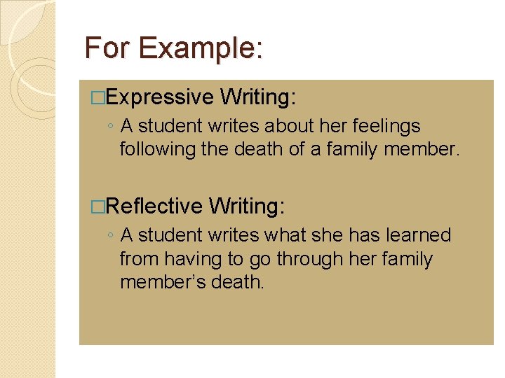 For Example: �Expressive Writing: ◦ A student writes about her feelings following the death