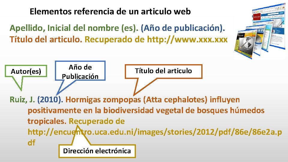 Elementos referencia de un articulo web Apellido, Inicial del nombre (es). (Año de publicación).
