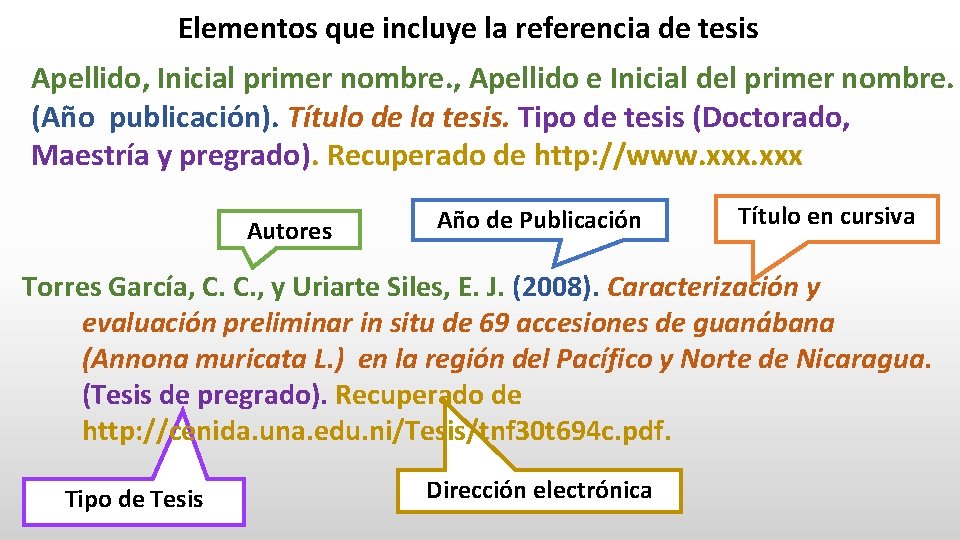 Elementos que incluye la referencia de tesis Apellido, Inicial primer nombre. , Apellido e