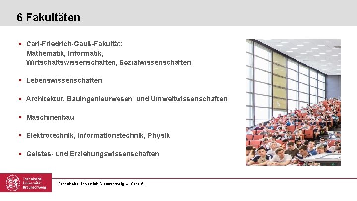 6 Fakultäten § Carl-Friedrich-Gauß-Fakultät: Mathematik, Informatik, Wirtschaftswissenschaften, Sozialwissenschaften § Lebenswissenschaften § Architektur, Bauingenieurwesen und