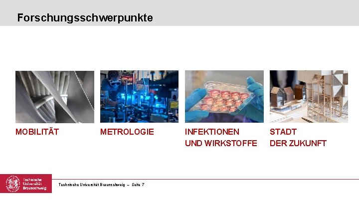 Forschungsschwerpunkte MOBILITÄT METROLOGIE Technische Universität Braunschweig – Seite 7 INFEKTIONEN UND WIRKSTOFFE STADT DER