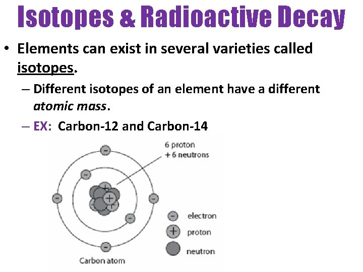 Isotopes & Radioactive Decay • Elements can exist in several varieties called isotopes. –