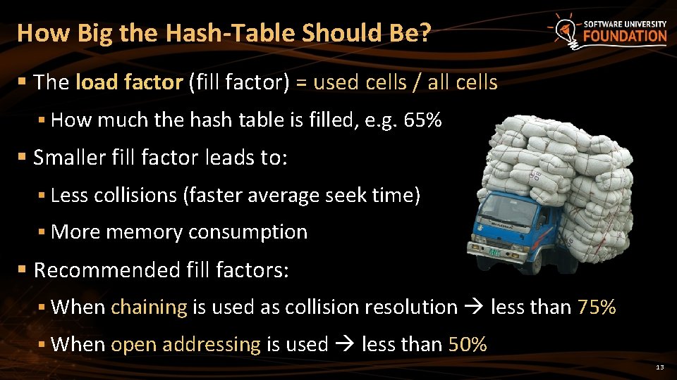 How Big the Hash-Table Should Be? § The load factor (fill factor) = used