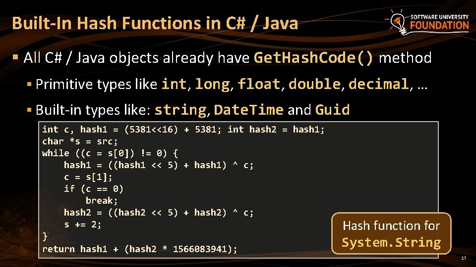 Built-In Hash Functions in C# / Java § All C# / Java objects already