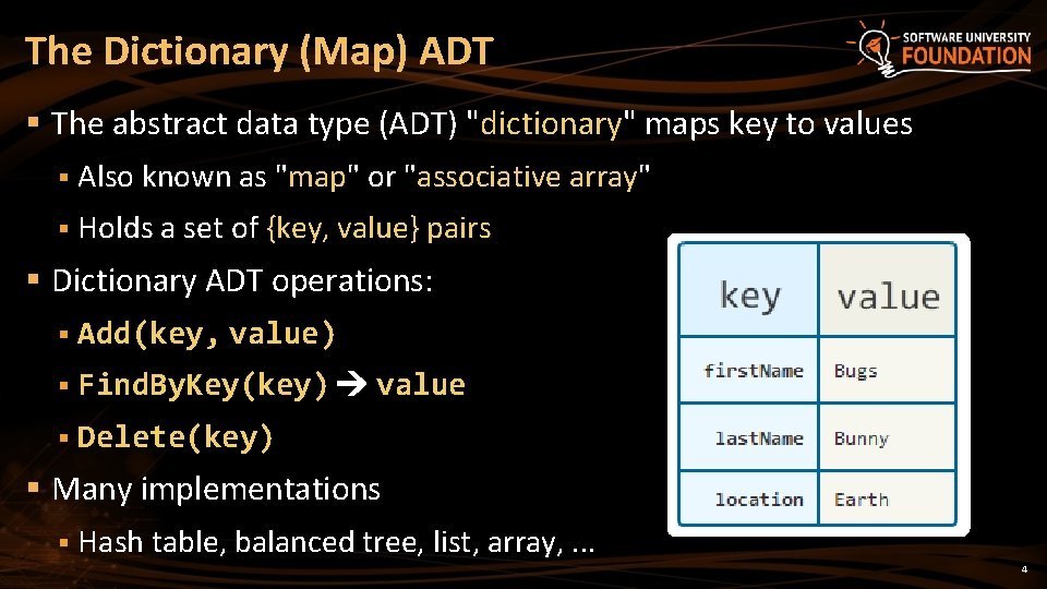 The Dictionary (Map) ADT § The abstract data type (ADT) "dictionary" maps key to