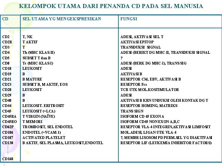 KELOMPOK UTAMA DARI PENANDA CD PADA SEL MANUSIA CD SEL UTAMA YG MENGEKSPRESIKAN FUNGSI