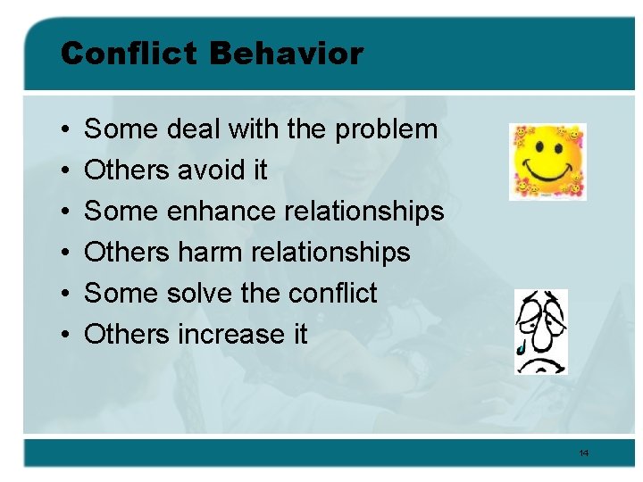 Conflict Behavior • • • Some deal with the problem Others avoid it Some