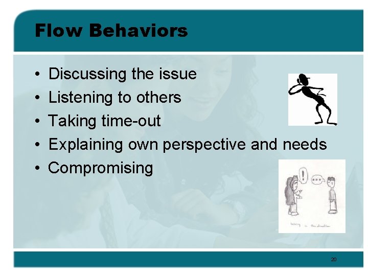 Flow Behaviors • • • Discussing the issue Listening to others Taking time-out Explaining