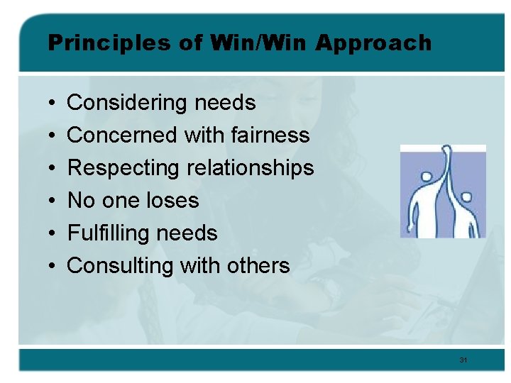 Principles of Win/Win Approach • • • Considering needs Concerned with fairness Respecting relationships