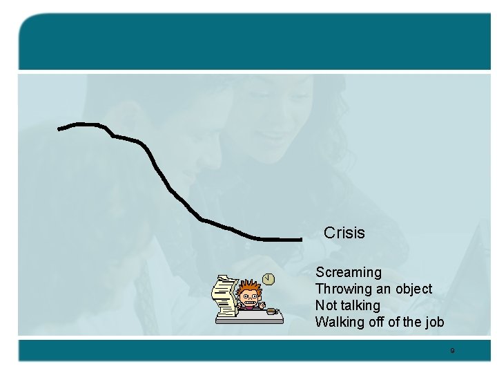 Crisis Screaming Throwing an object Not talking Walking off of the job 9 