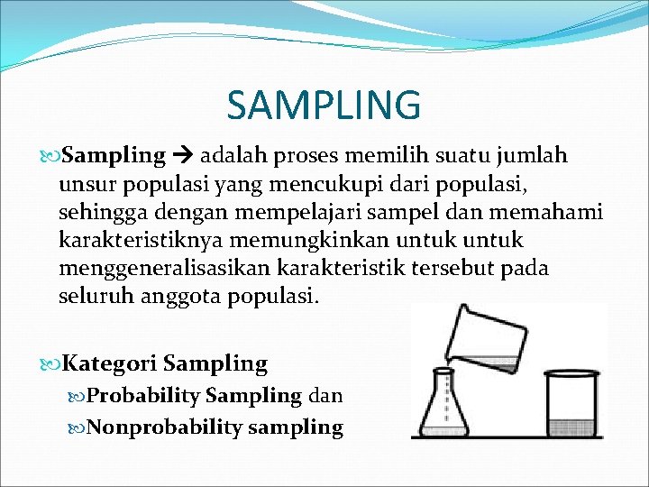 SAMPLING Sampling adalah proses memilih suatu jumlah unsur populasi yang mencukupi dari populasi, sehingga