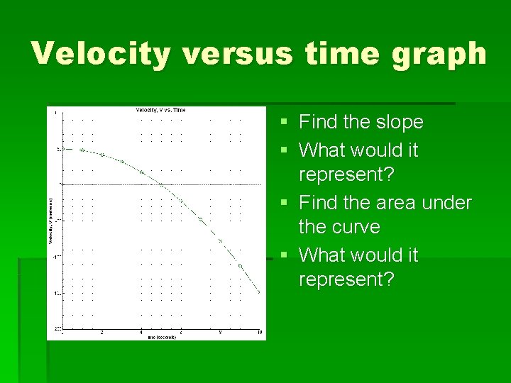 Velocity versus time graph § Find the slope § What would it represent? §