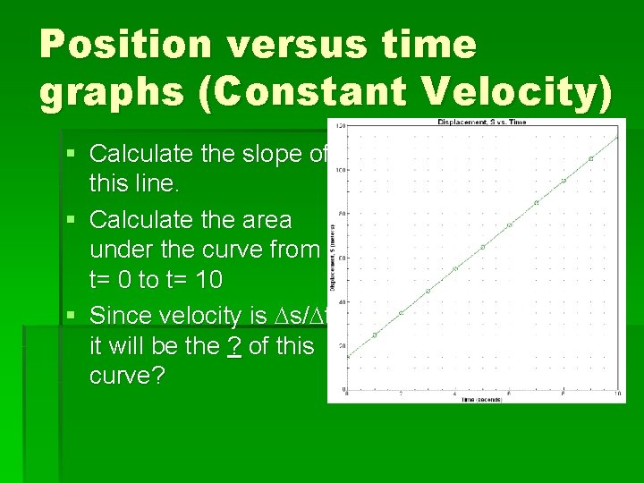 Position versus time graphs (Constant Velocity) § Calculate the slope of this line. §