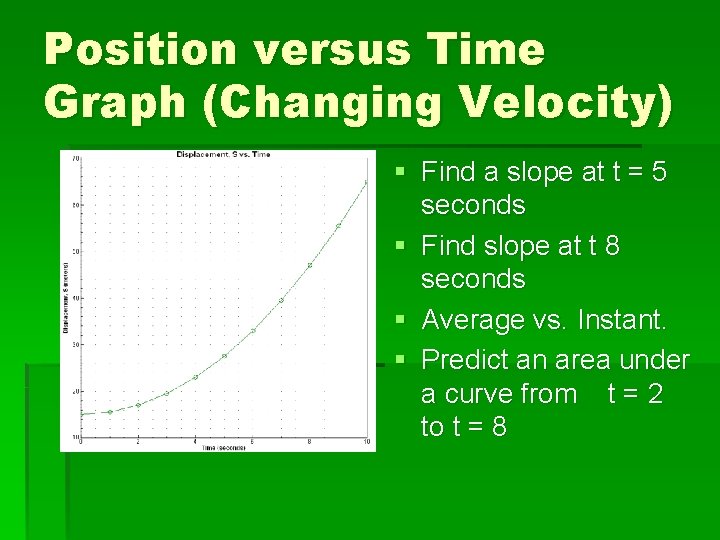 Position versus Time Graph (Changing Velocity) § Find a slope at t = 5