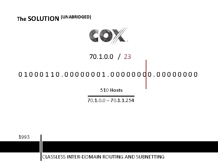 The SOLUTION (UNABRIDGED) 70. 1. 0. 0 / 23 01000110. 00000001. 00000000 510 Hosts