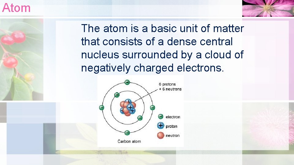 Atom The atom is a basic unit of matter that consists of a dense