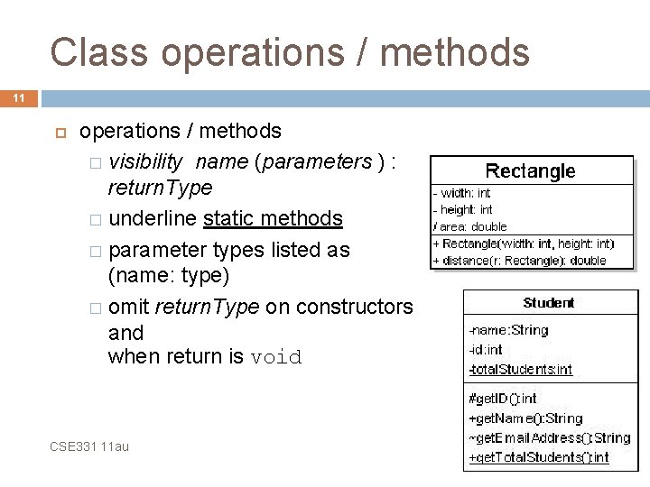 Class operations / methods 11 operations / methods � visibility name (parameters ) :