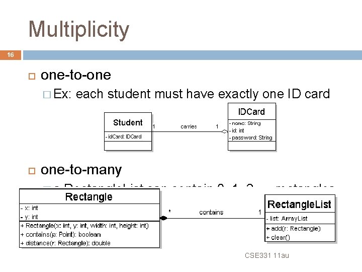 Multiplicity 16 one-to-one � Ex: each student must have exactly one ID card one-to-many