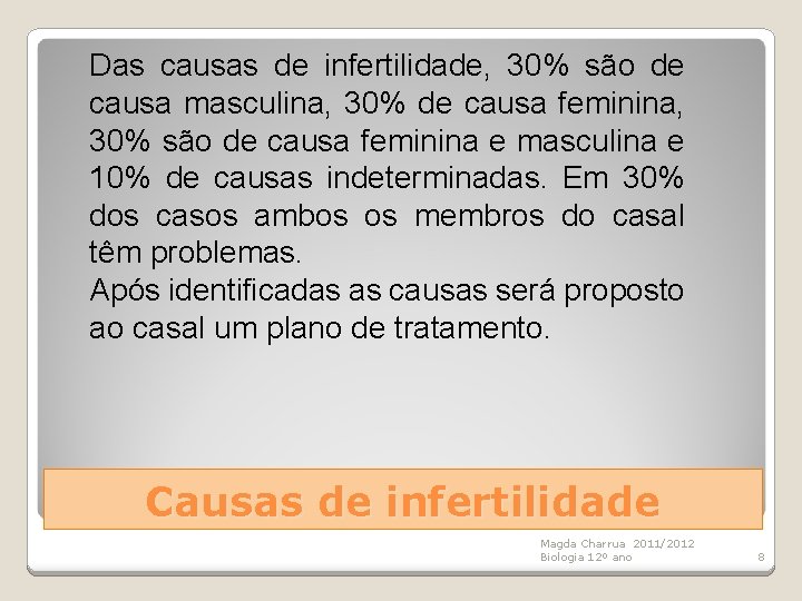 Das causas de infertilidade, 30% são de causa masculina, 30% de causa feminina, 30%