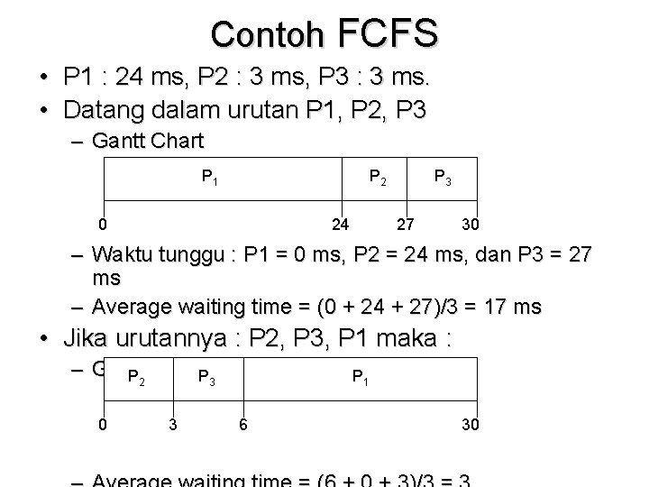 Contoh FCFS • P 1 : 24 ms, P 2 : 3 ms, P