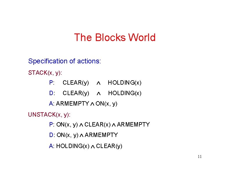 The Blocks World Specification of actions: STACK(x, y): P: CLEAR(y) HOLDING(x) D: CLEAR(y) HOLDING(x)