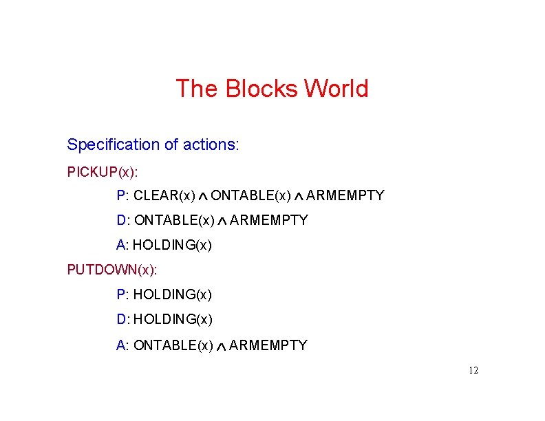 The Blocks World Specification of actions: PICKUP(x): P: CLEAR(x) ONTABLE(x) ARMEMPTY D: ONTABLE(x) ARMEMPTY