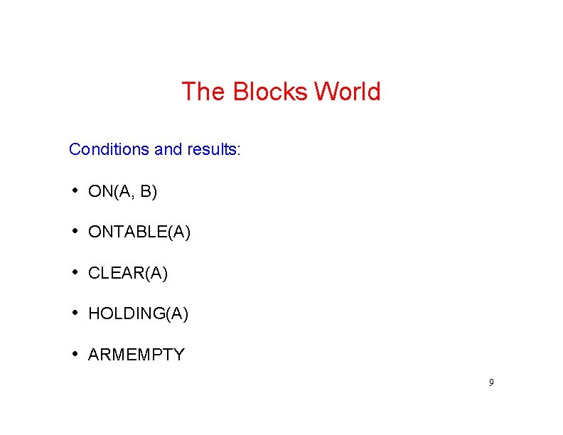 The Blocks World Conditions and results: • ON(A, B) • ONTABLE(A) • CLEAR(A) •