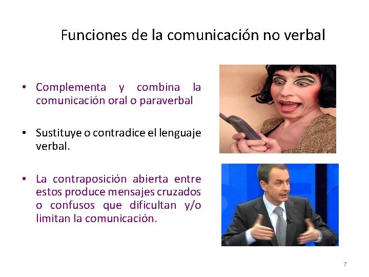 Funciones de la comunicación no verbal • Complementa y combina la comunicación oral o