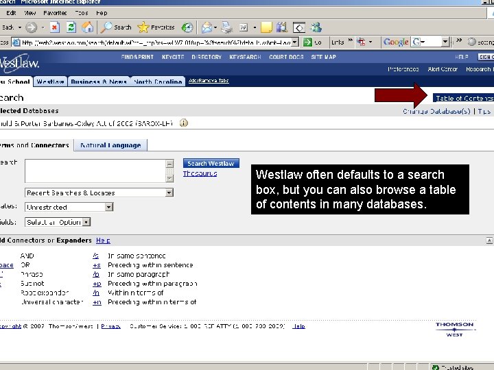 Westlaw often defaults to a search box, but you can also browse a table