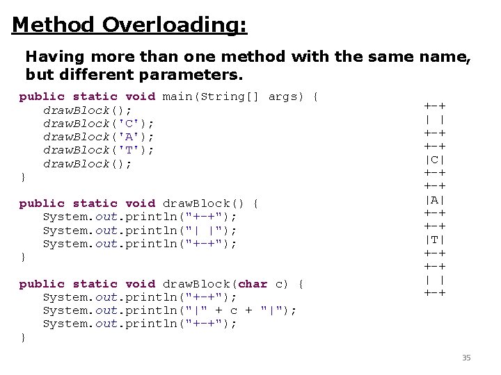 Method Overloading: Having more than one method with the same name, but different parameters.