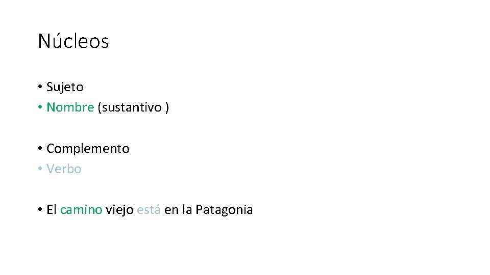 Núcleos • Sujeto • Nombre (sustantivo ) • Complemento • Verbo • El camino