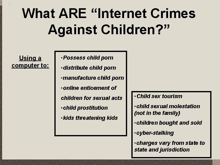 What ARE “Internet Crimes Against Children? ” Using a computer to: • Possess child