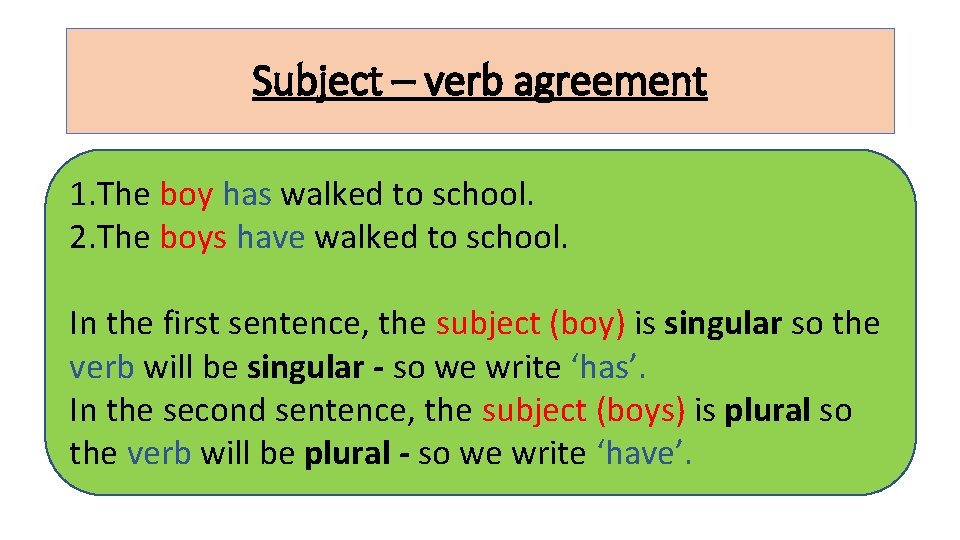 Subject – verb agreement 1. The boy has walked to school. 2. The boys